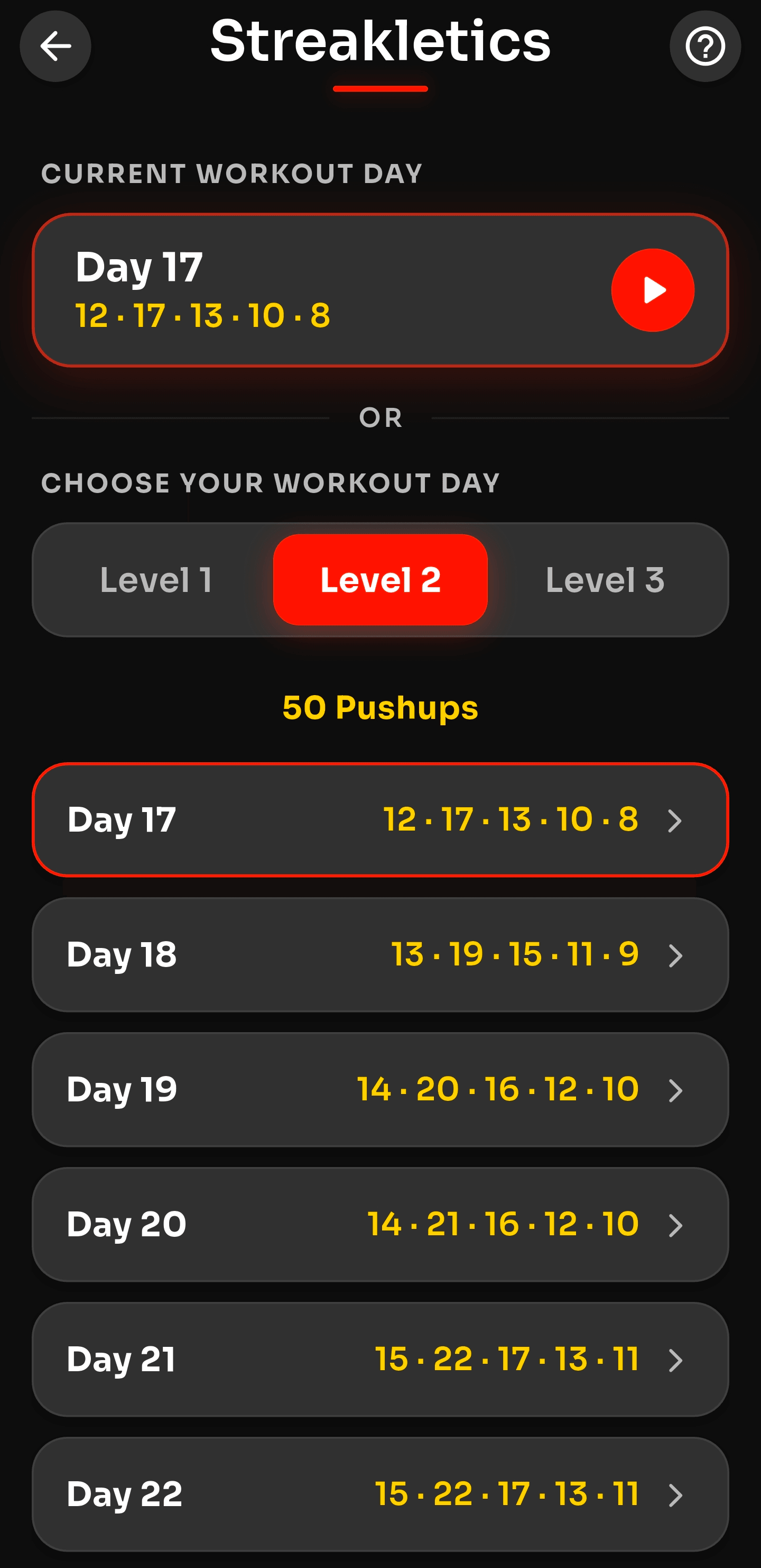 Workout day picker with day 17 selected and the days ahead listed