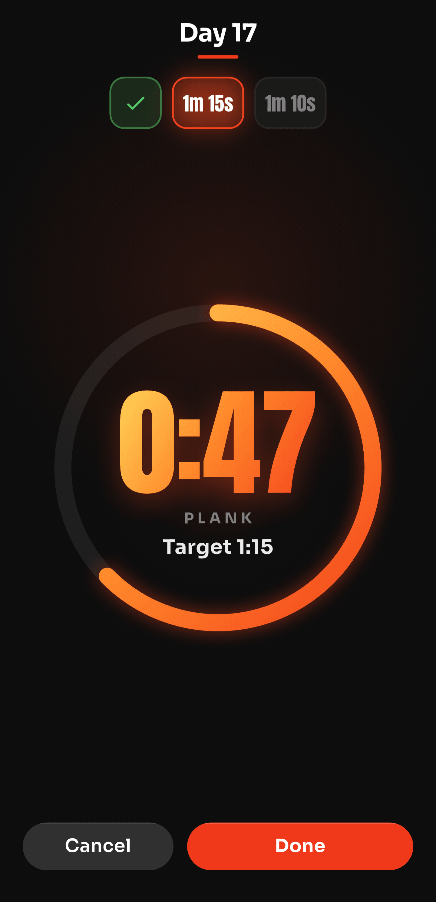 Plank timer mid-hold, showing 0:47 of a target 1:15