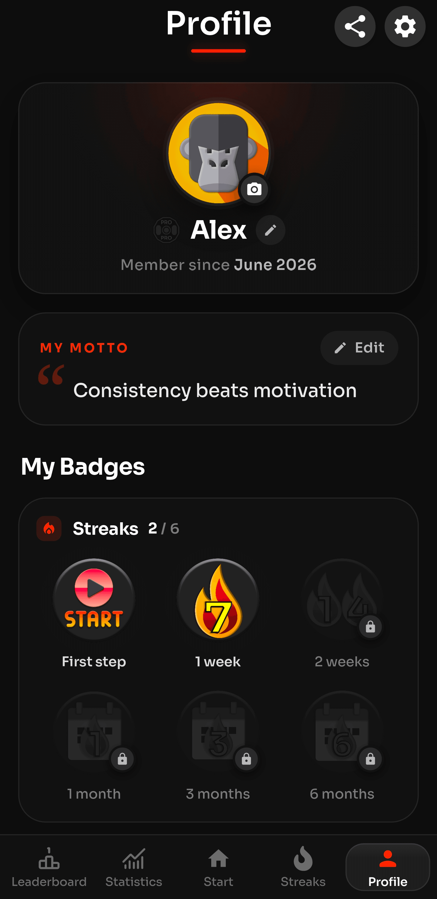 Profile screen with a custom motto and a grid of streak badges, two of six unlocked