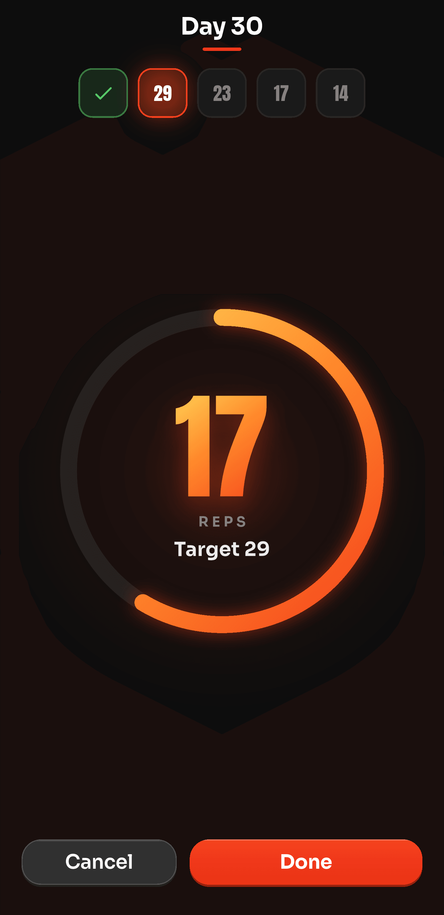 Rep counter mid-set on day 30, showing 17 of a target 29 reps