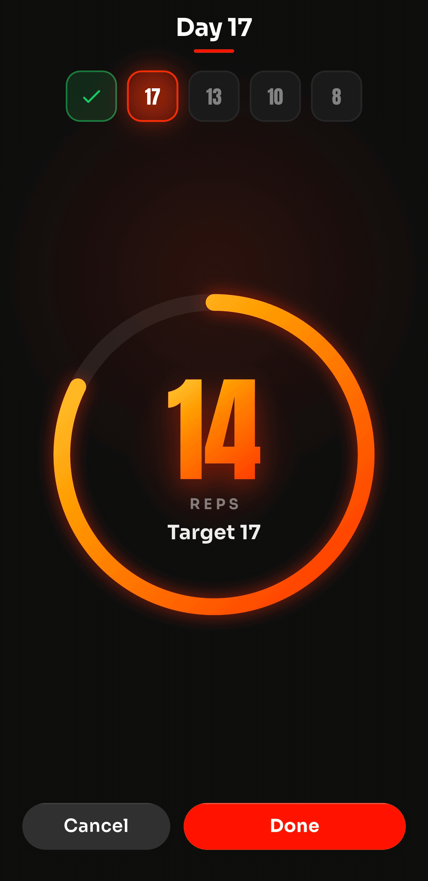 Rep counter mid-set, showing 14 of a target 17 reps